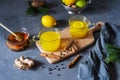 Immune beverage in glass cups with ginger, turmeric, cinnamon, lemon, honey and black pepper. Decorated with pins Royalty Free Stock Photo