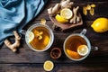 Healing tea in two glass mug in scarf with lemon, honey and spices. .Generative AI