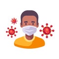 African American man in medical surgical mask. Virus protection flat illustration. Red coronavirus floating in the air