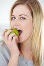 Health, apple and portrait of woman with fruit for healthy eating, meal and vegan snack at home. Food, nutrition and Royalty Free Stock Photo