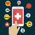 Health application on a smartphone. Open with hand cursor. Vector icon