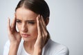 Health. Beautiful Woman Having Strong Headache, Feeling Pain Royalty Free Stock Photo