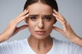 Health. Beautiful Woman Having Strong Headache, Feeling Pain Royalty Free Stock Photo