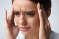 Health. Beautiful Woman Having Strong Headache, Feeling Pain Royalty Free Stock Photo