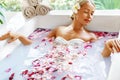 Health, Beauty. Woman Spa Body Care. Relaxing Flower Rose Bath