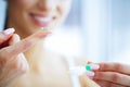 Health and Beauty. Young Woman Applying Contact Lenses. Fresh View. Portrait of a Beautiful Woman with Green Contact Royalty Free Stock Photo