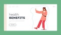 Health Benefits Landing Page Template. Female Character with Strong Immunity Shield Well Protected From Viruses