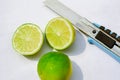 lemon are cutting by knife.with white background.lime