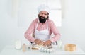 Health benefits. professional restaurant cook baking. skilled baker use kitchen utensils for cooking. male chef in hat Royalty Free Stock Photo