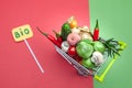 Health bio organic food concept, Shopping cart in supermarket full of fruits and vegetables,