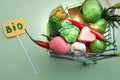 Health bio organic food concept, Shopping cart  in supermarket full of fruits and vegetables, .top view Royalty Free Stock Photo