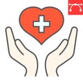 Health care color line icon, AIDS and giving love, heart with hands sign vector graphics, editable stroke filled outline