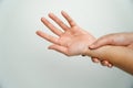 health care concept. Asian man holding his wrist with office syndrome, Pain in the joints of the hands. Carpal tunnel syndrome Royalty Free Stock Photo