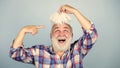 Health care concept. Elderly people. Bearded grandfather grey hair. Hair loss. Early signs balding. Man losing hair Royalty Free Stock Photo