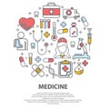 Health care concept with thin line icons related to hospital, clinic, laboratory. Vector illustration for conclusion