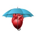 Health care connection concept. Protection health or medical insurance. Umbrella protecting human heart.