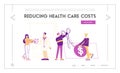 Health Care Cost, Medicine Price, Pharmacy and Accessibility Landing Page. Tiny Characters around of Huge Dollar Sign