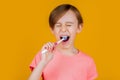 Health care, dental hygiene. Little boy cleaning teeth with kids toothbrush. Dental hygiene. Little man brushing teeth Royalty Free Stock Photo