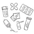 Health care doodle icons seamless background, vector. Pharmacy doodles Royalty Free Stock Photo