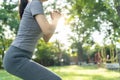 health care female exert on the park. Asian woman doing exercises in morning. balance, recreation, relaxation, calm, good health, Royalty Free Stock Photo