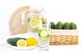 Health care, fitness, healthy eating concept. Fresh cool lemon cucumber drink with water Royalty Free Stock Photo