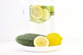 Health care, fitness, healthy eating concept. Fresh cool lemon cucumber drink with water Royalty Free Stock Photo