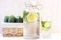 Health care, fitness, healthy eating concept. Fresh cool lemon cucumber drink with water, cocktail, detox drink Royalty Free Stock Photo