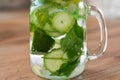 Health care, fitness, healthy nutrition diet concept. Fresh cool lemon cucumber mint infused water, cocktail, detox drink, Royalty Free Stock Photo