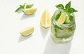 Health care, fitness, healthy nutrition diet concept. Fresh cool lemon cucumber mint infused water, cocktail, detox Royalty Free Stock Photo