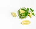 Health care, fitness, healthy nutrition diet concept. Fresh cool lemon cucumber mint infused water, cocktail, detox Royalty Free Stock Photo