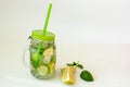 Health care, fitness, healthy nutrition diet concept. Fresh cool lemon cucumber mint infused water, cocktail, detox Royalty Free Stock Photo