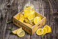 Health care, fitness, healthy nutrition diet concept. Fresh cool lemon infused water, cocktail, detox drink, lemonade in a glass