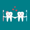 Cartoon funny teeth holding tooth brush and holding hands