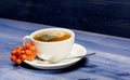 Health care folk remedies. Drink aromatic rowanberry beverage. Cup of tea on blue background close up. Gourmet delicious