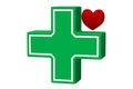 Health care icon. Green cross and red heart isolated on a white. 3d rendering Royalty Free Stock Photo