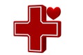 Health care icon. Red cross and red heart isolated on a white. 3d rendering