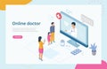Health Care Isometric Concept, Online Doctor Consultation. Website Landing Page. Family At Doctor s Appointment. Online