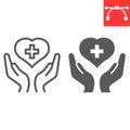 Health care line and glyph icon, AIDS and giving love, heart with hands sign vector graphics, editable stroke linear