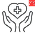 Health care line icon, AIDS and giving love, heart with hands sign vector graphics, editable stroke linear icon, eps 10.