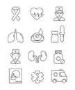 Health care line icons. Medical stroke symbols prescription doctor in hospital laboratory clinic health medicaments Royalty Free Stock Photo