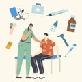 Health Care and Medical Check Up Concept. Practitioner with Stethoscope Listening Male Patient Character