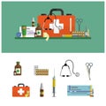 Health care medical flat banners. First aid icons set and design elements. Medical tools, drugs, scissors, stethoscope, syringe Royalty Free Stock Photo