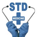 The doctor is holding a stethoscope, in the middle there is a text - STD. Sexually Transmitted Diseases