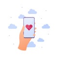 Health care monitor app concept. Vector flat illustration. Hand holding smartphone with heart shape with heartbeat symbol on