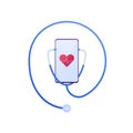 Health care monitor app concept. Vector flat illustration. Smartphone with heart shape and heartbeat symbol on mobile phone screen