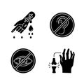 Health care problem black glyph icons set on white space