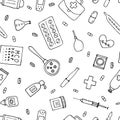 Health care seamless pattern. Hand drawn medicine elements. Pharmacy, medical background