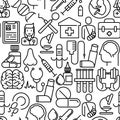 Health care seamless pattern with thin line icons related to hospital, clinic, laboratory. Vector illustration for conclusion,