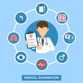 Health care services concept with infographics elements. Medical examination. Banner with doctor and medical tests. Online doctor