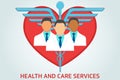 Health and care services flat vector illustration. Heart, and doctors with caduceus. Conceptual design.